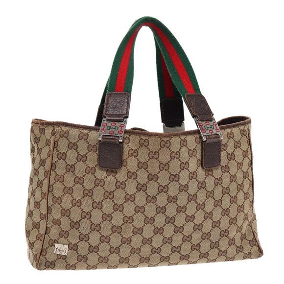 GUCCI GG Canvas Web Sherry Line Tote Bag Beige Green Red 145758 Auth 93992 - Picture 1 of 16